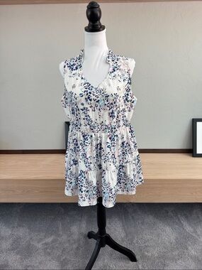 Sleeveless V-Neck Tiered Tunic in White with Blue & Pink Print